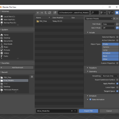 Exporting File as .fbx from Blender